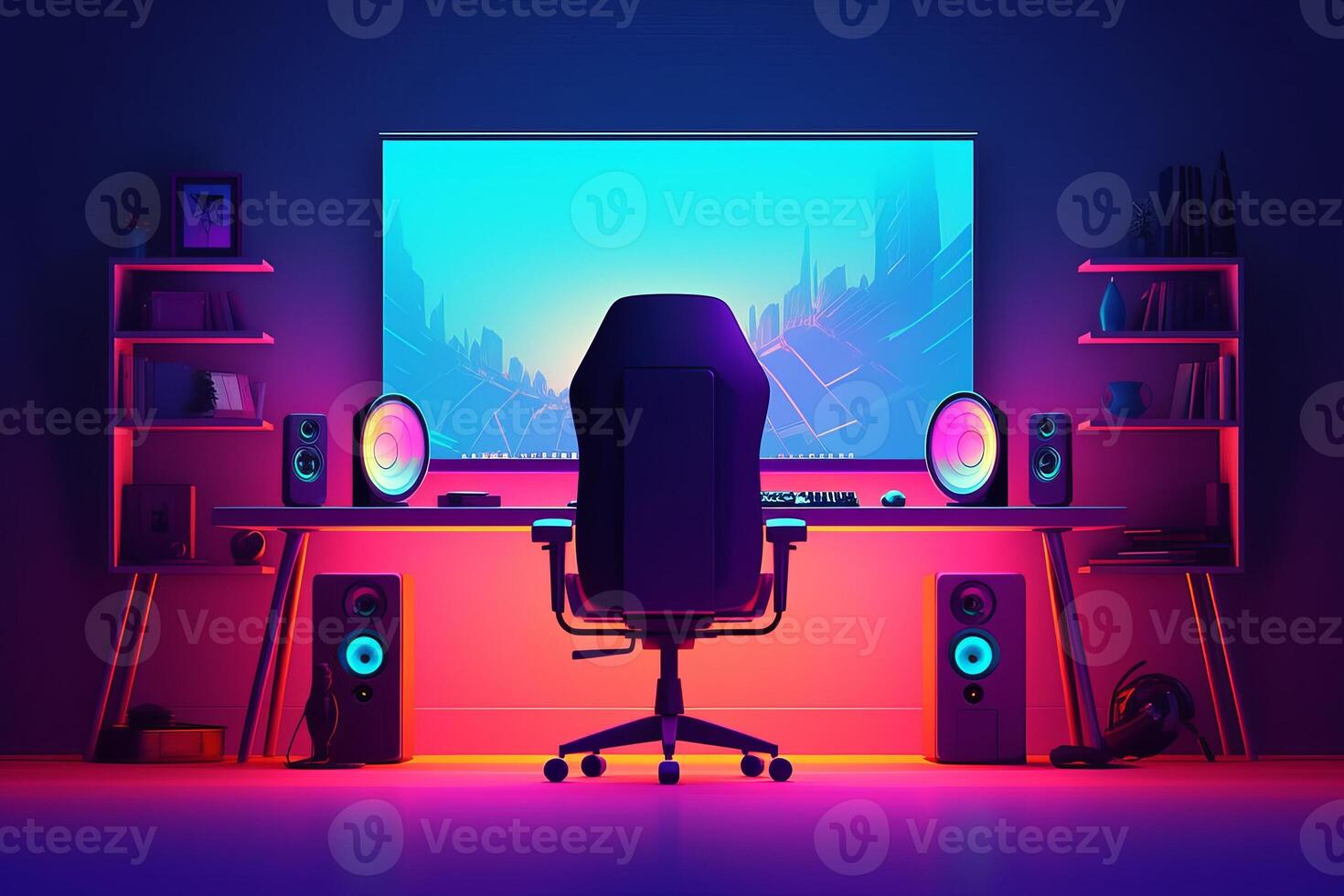 Gamer setup with computer, character, gradient background, photo