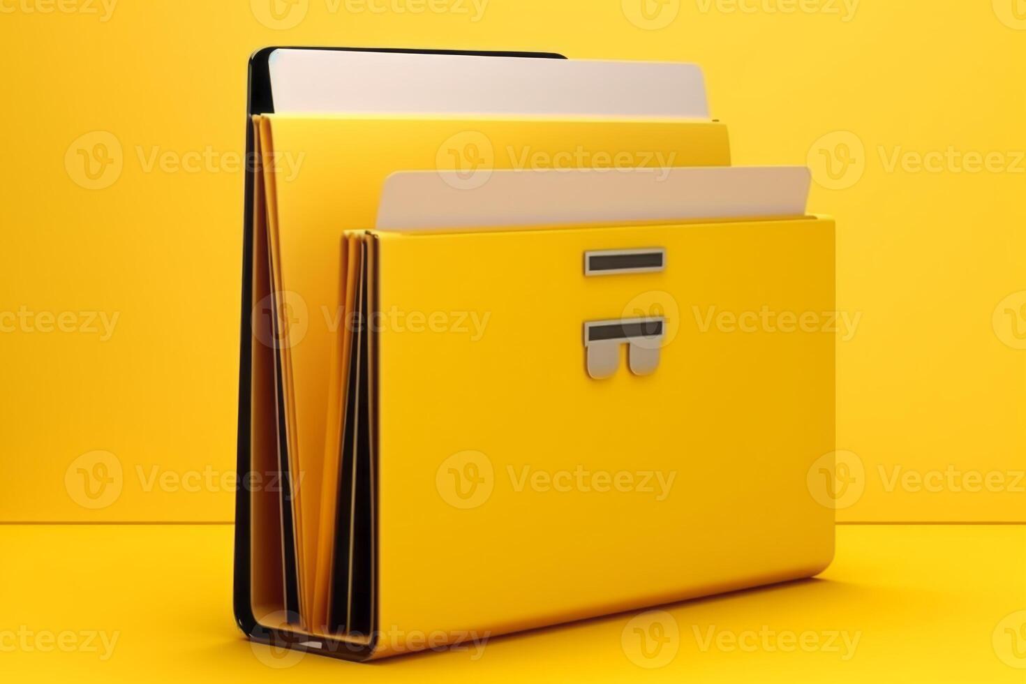 Yellow background with laptop file folder, photo