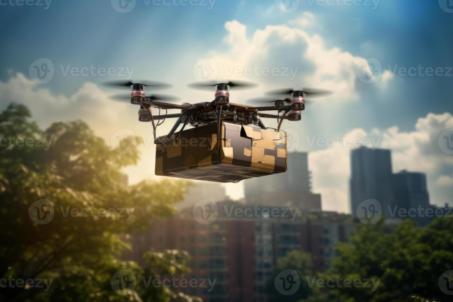 Futuristic Drone Delivery Revolutionizing Business Air Transportation with Unmanned Aircraft Robots, package flying through the air off a drone photo