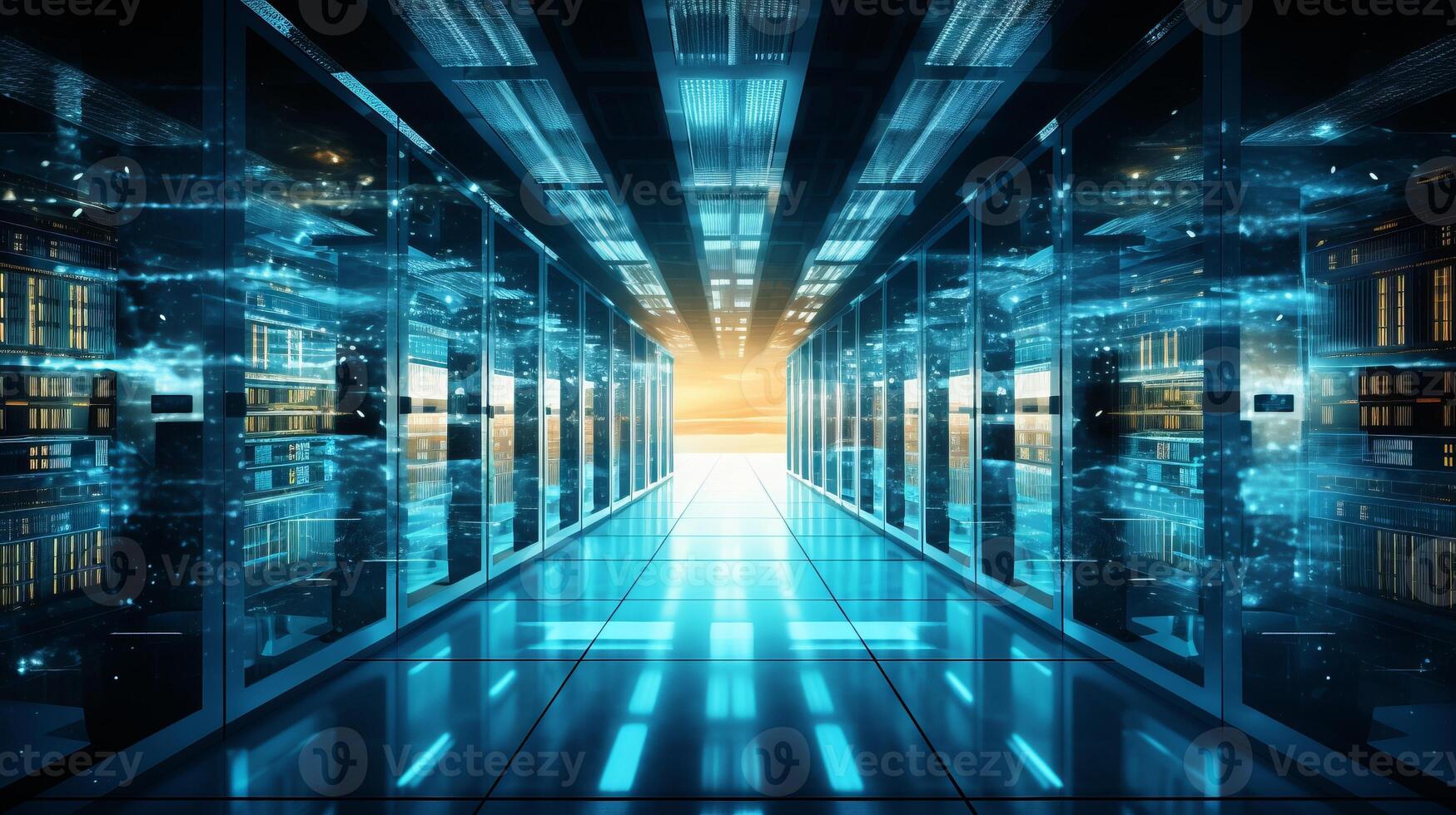 modern server room with blue lights and blue lines, super computer room, data warehouse, computer data storage, empty data server room style of digital photo