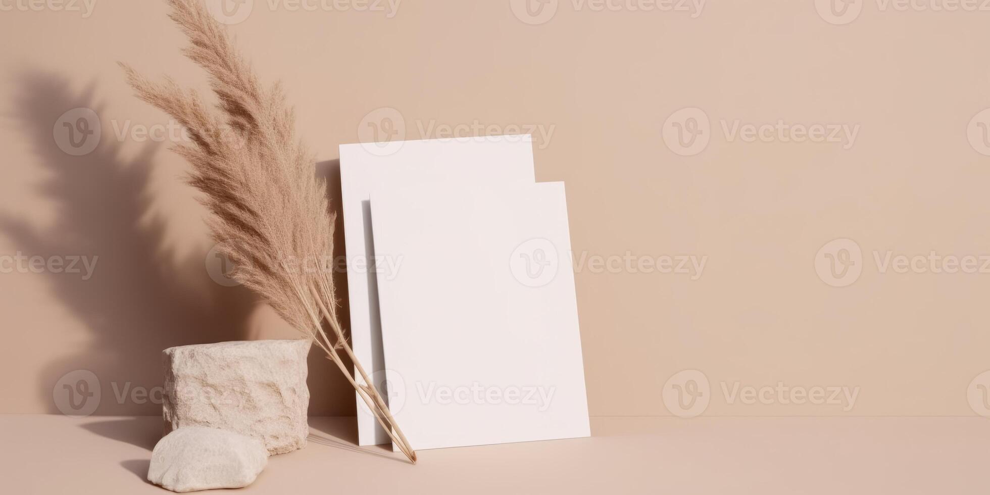 Mockup Paper Wedding Invitation Boho Minimal Style Greeting Card for Wedding Invitations and Birthday Stationery. Top View Flat Lay Copyspace. photo