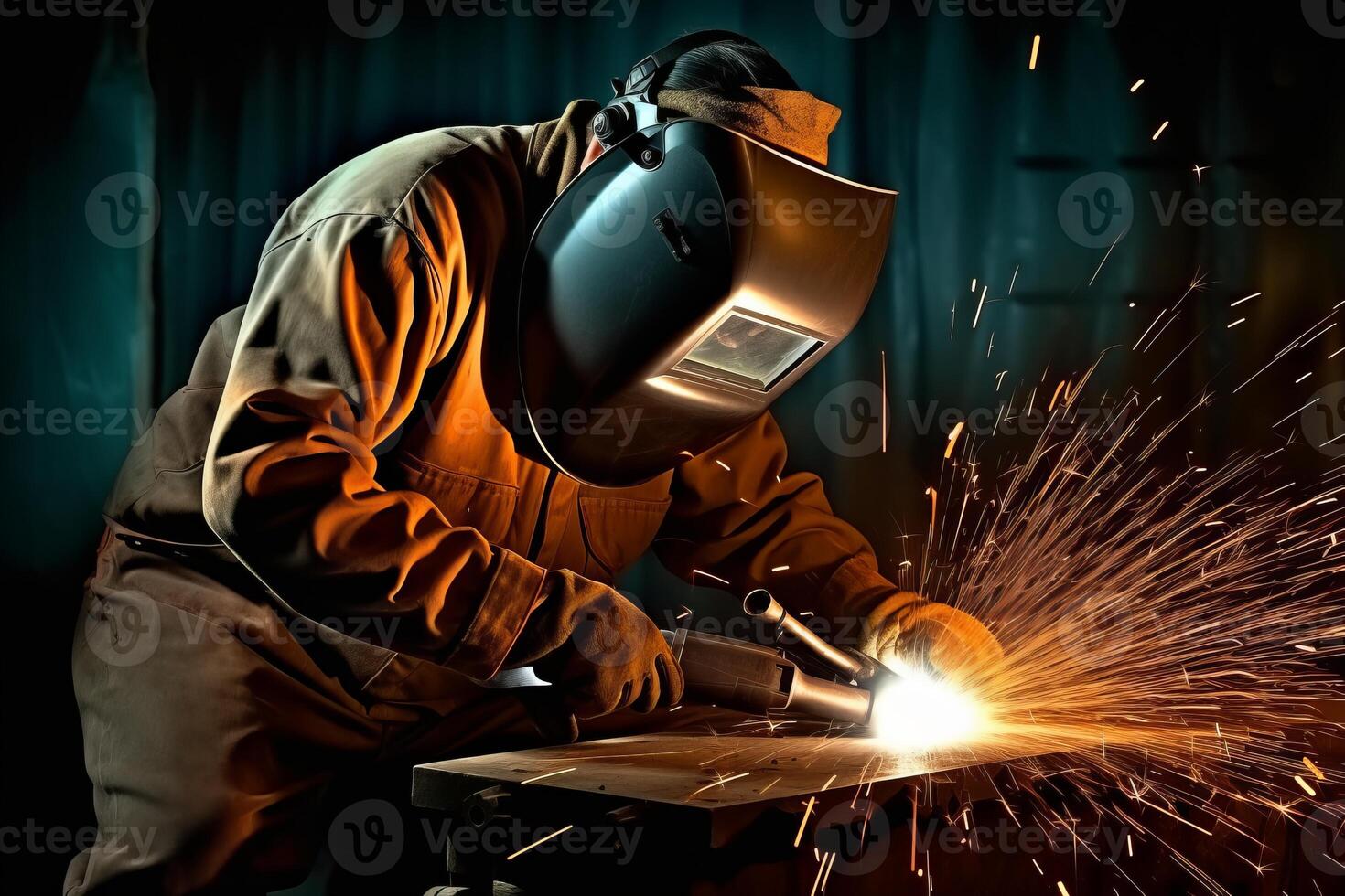 Welder Wearing Welding Gear with Sparks A Skilled Welder in the Industrial Setting with Bokeh and Sparkle Background, photo