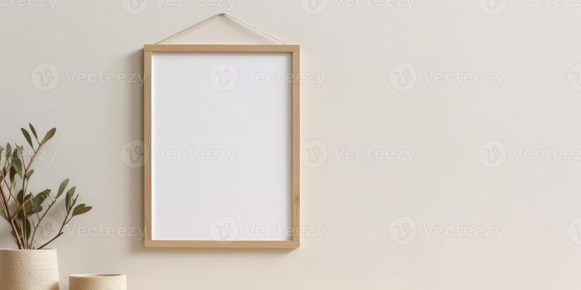 Blank Wooden Picture Frame Mockup Hanging on Wall Empty Poster Mockup for Art Display. Front View with Copy Space photo