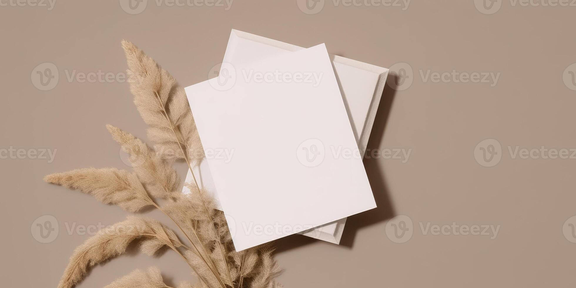 Mockup Paper Wedding Invitation Boho Minimal Style Greeting Card for Wedding Invitations and Birthday Stationery. Top View Flat Lay Copyspace. photo