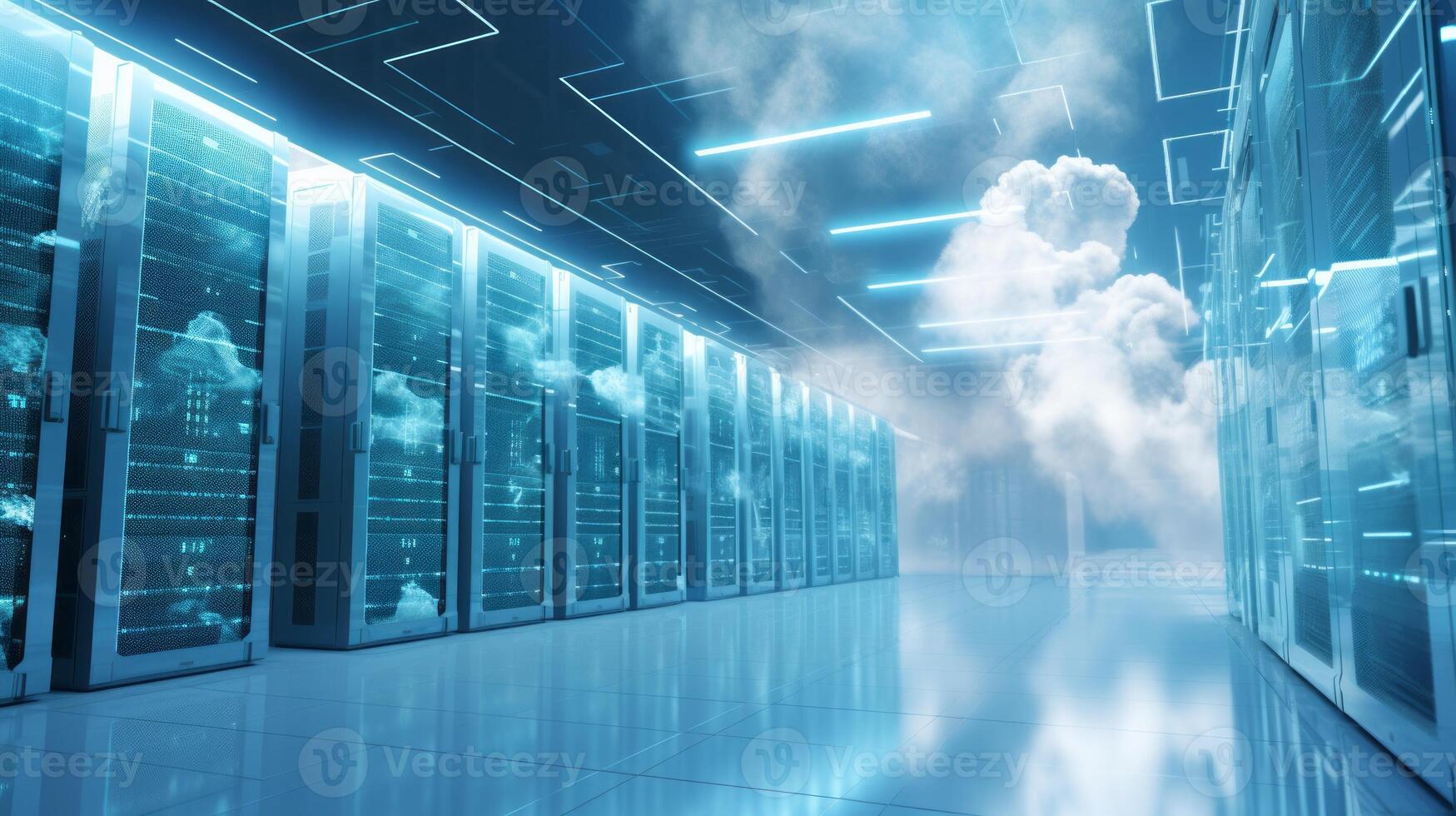 cloud computing concept art abstract, cloud server. data center organize, technology blue light room photo