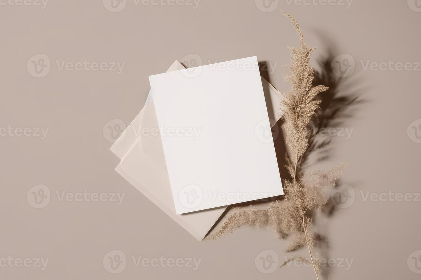 Mockup Paper Wedding Invitation Boho Minimal Style Greeting Card for Wedding Invitations and Birthday Stationery. Top View Flat Lay Copyspace. photo