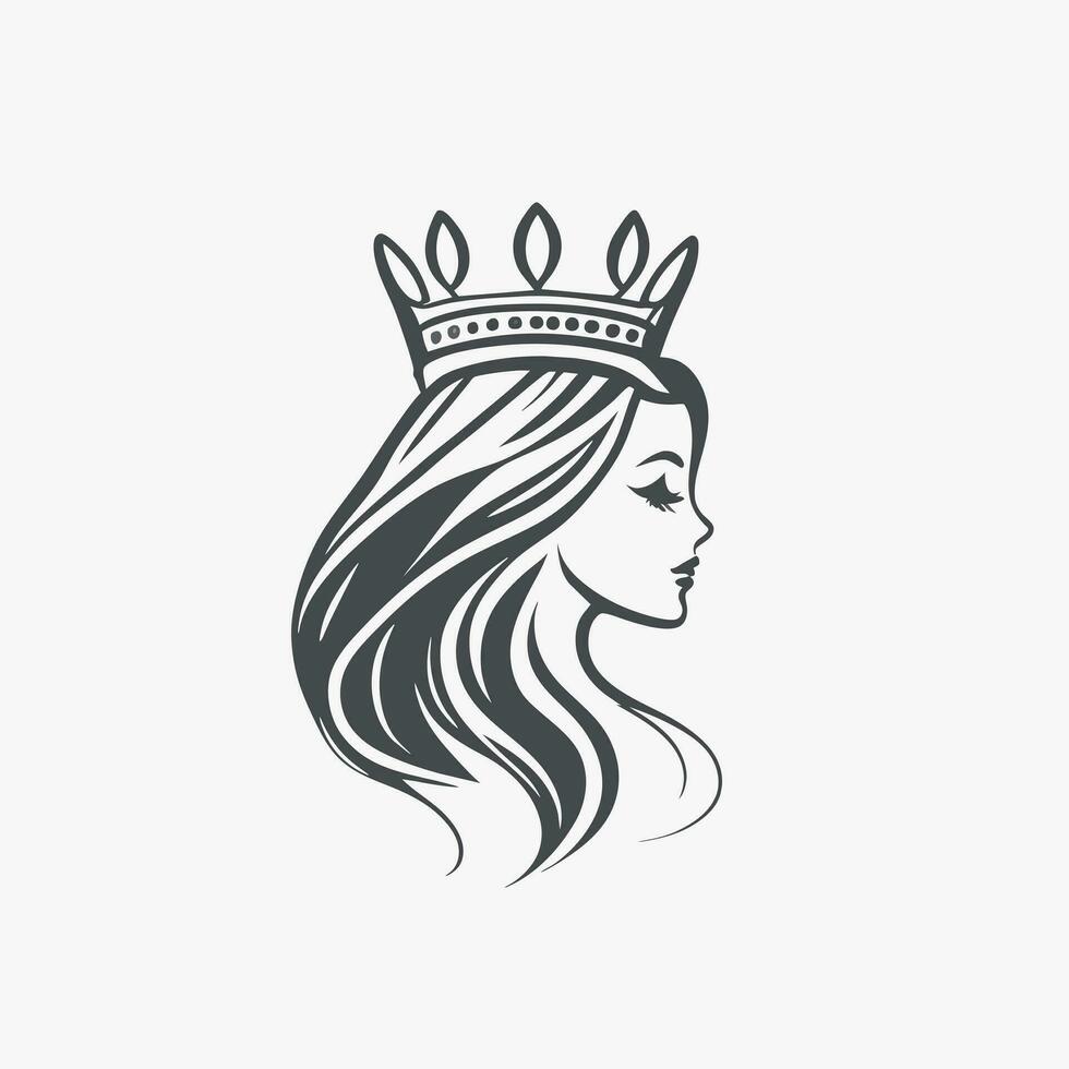 hair treatment logo with crown, vector illustration line art