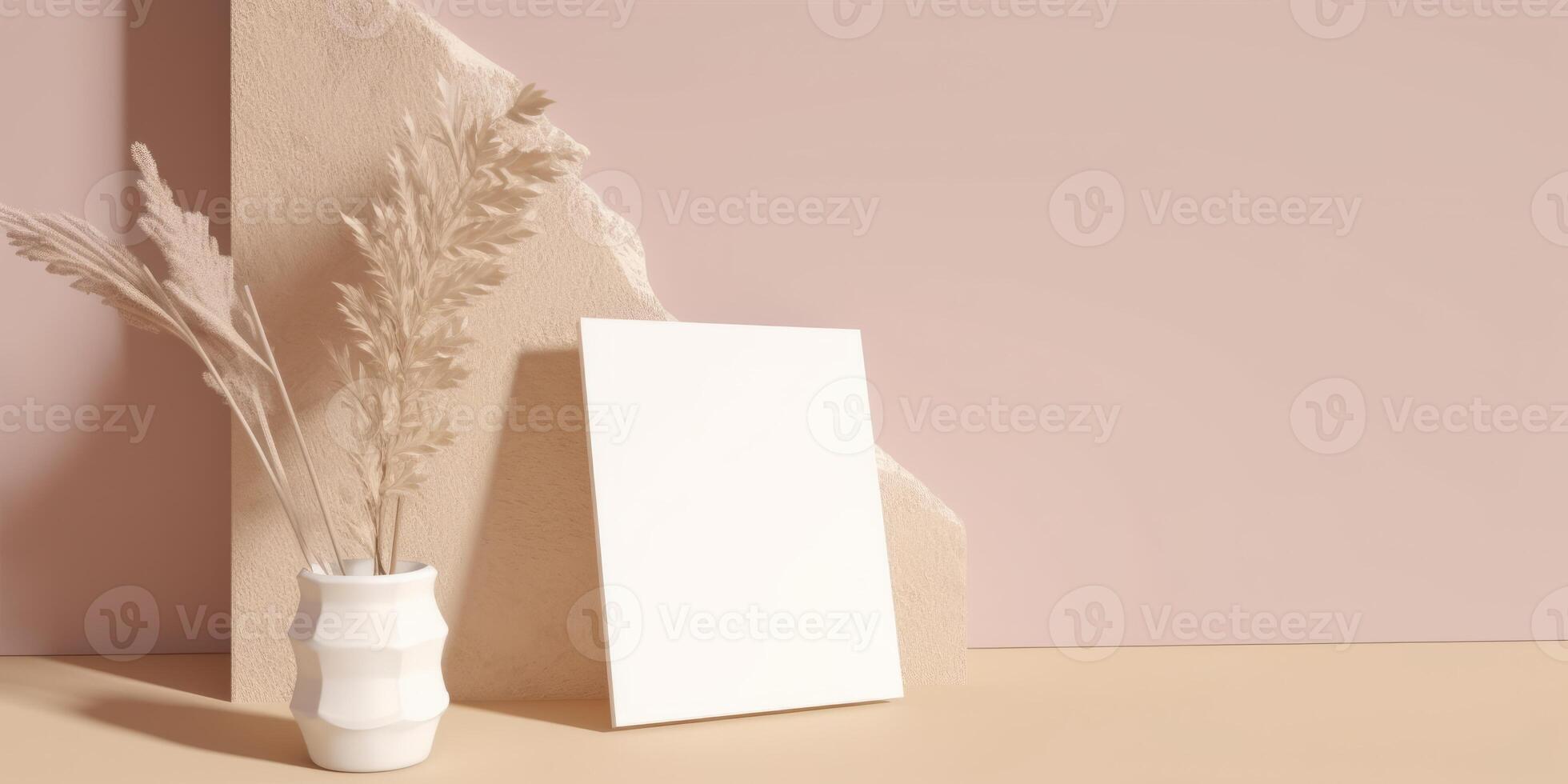 Mockup Paper Wedding Invitation Boho Minimal Style Greeting Card for Wedding Invitations and Birthday Stationery. Top View Flat Lay Copyspace. photo