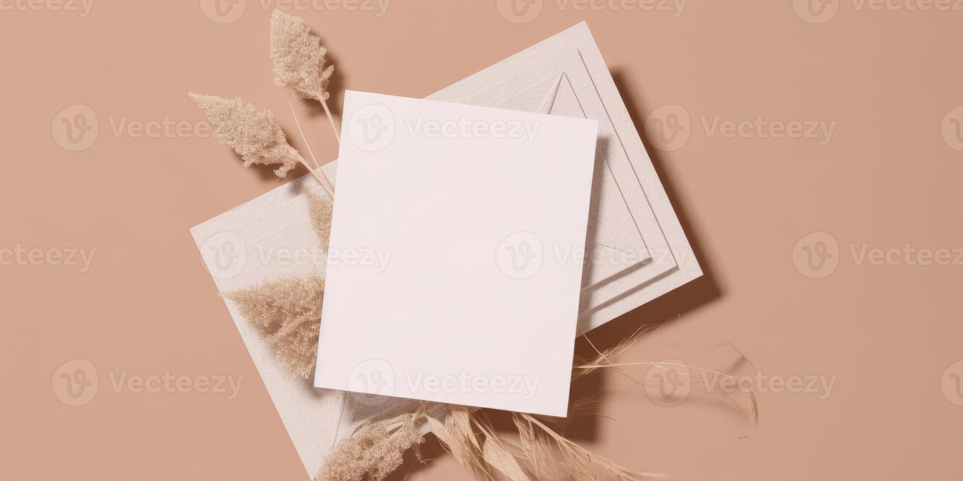 Mockup Paper Wedding Invitation Boho Minimal Style Greeting Card for Wedding Invitations and Birthday Stationery. Top View Flat Lay Copyspace. photo