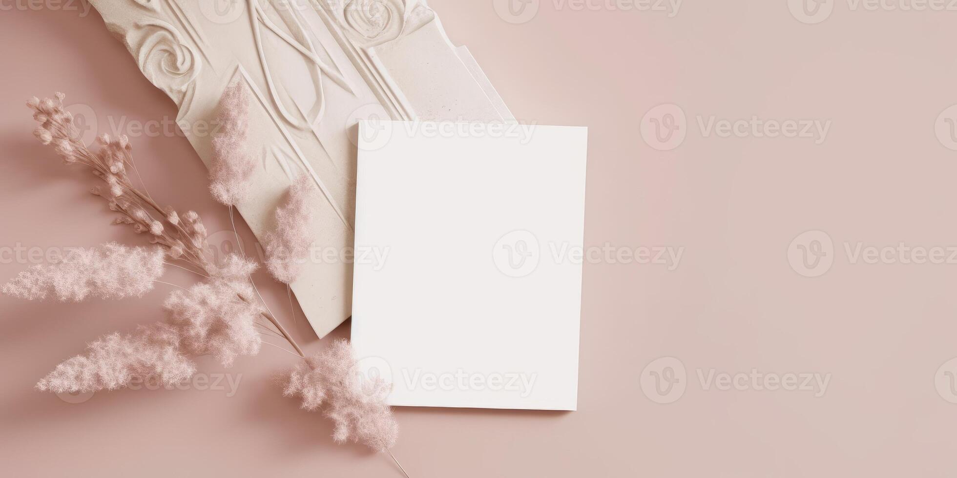 Mockup Paper Wedding Invitation Boho Minimal Style Greeting Card for Wedding Invitations and Birthday Stationery. Top View Flat Lay Copyspace. photo
