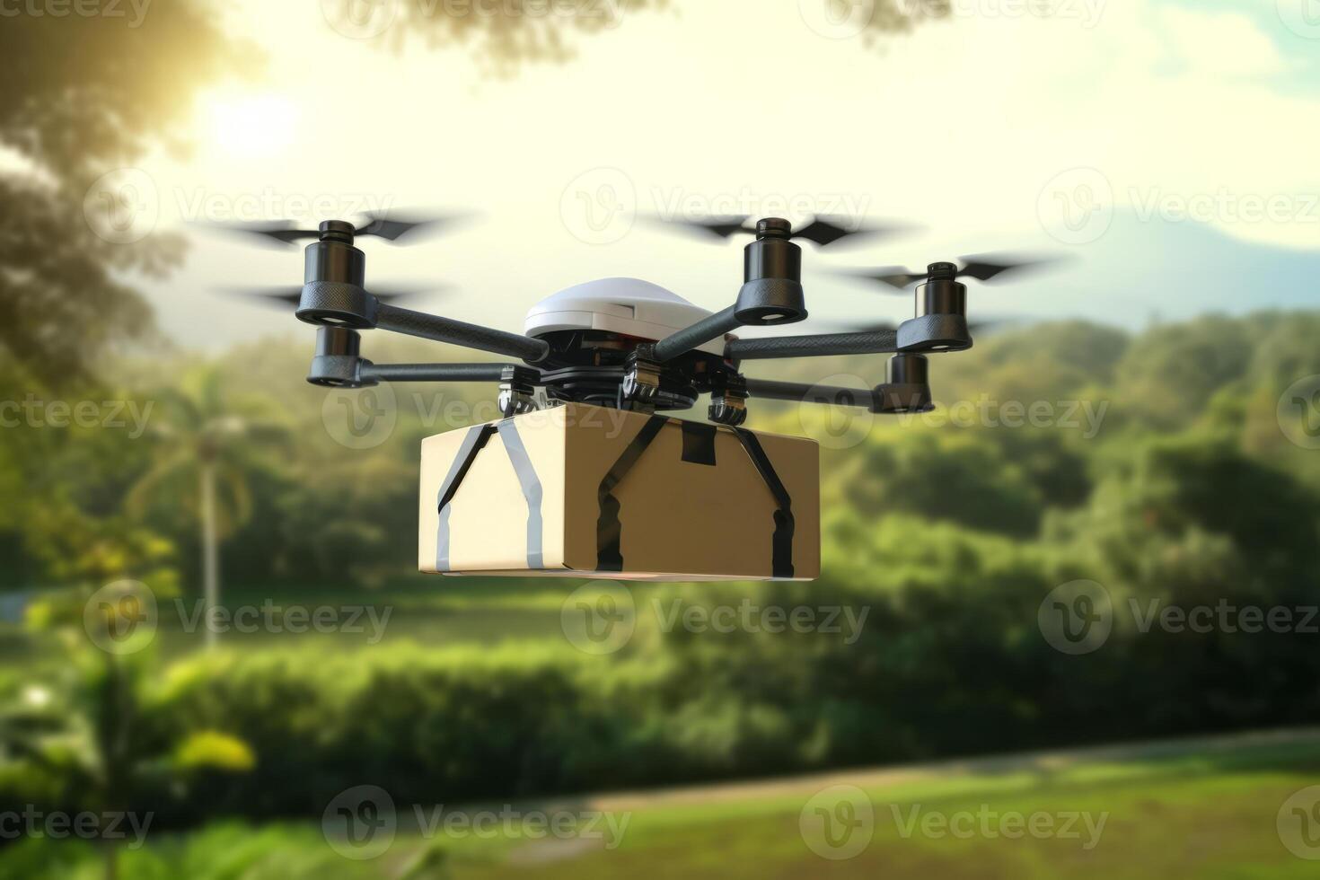 Futuristic Drone Delivery Revolutionizing Business Air Transportation with Unmanned Aircraft Robots, package flying through the air off a drone photo
