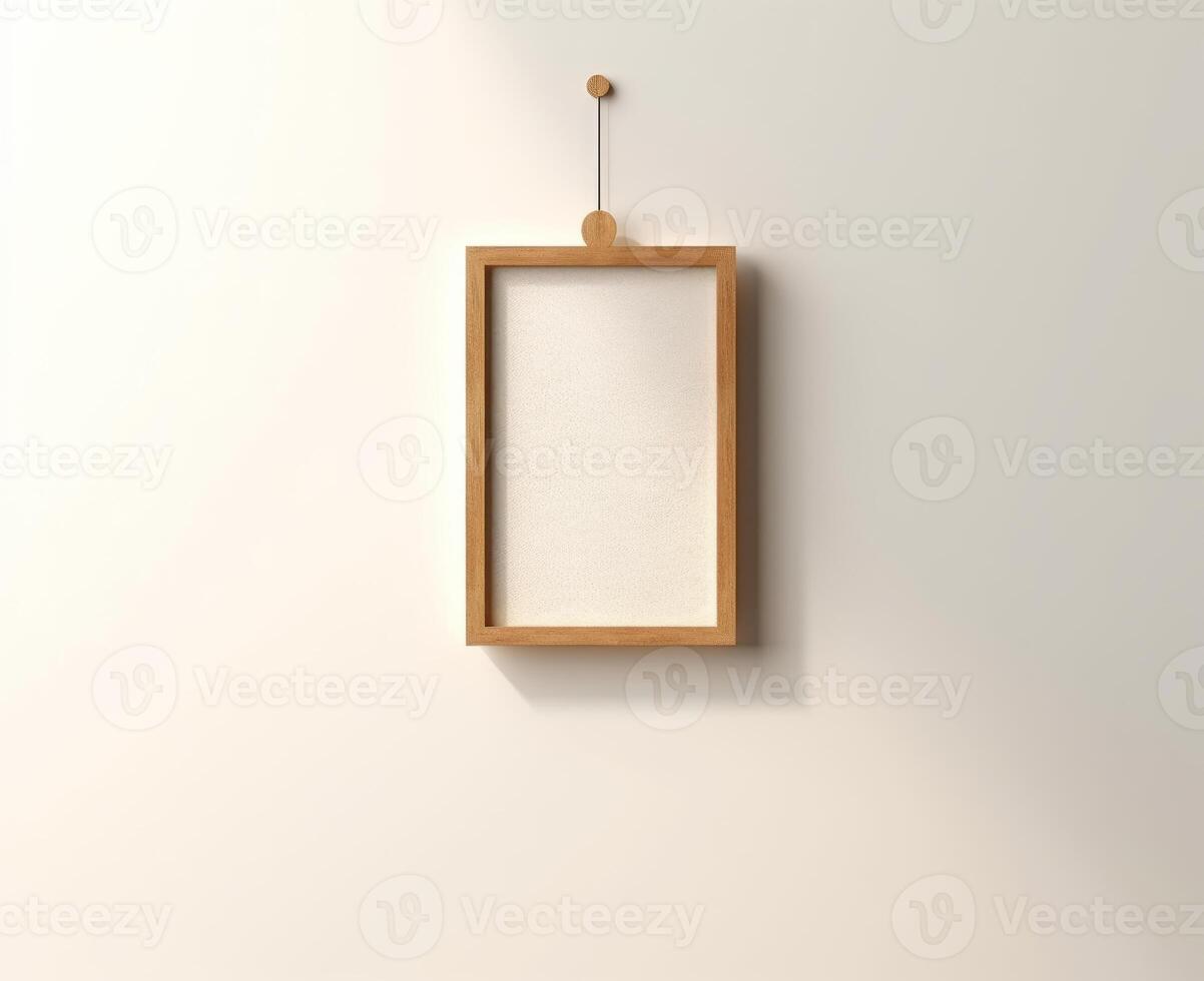 Blank Wooden Picture Frame Mockup Hanging on Wall Empty Poster Mockup for Art Display. Front View with Copy Space photo