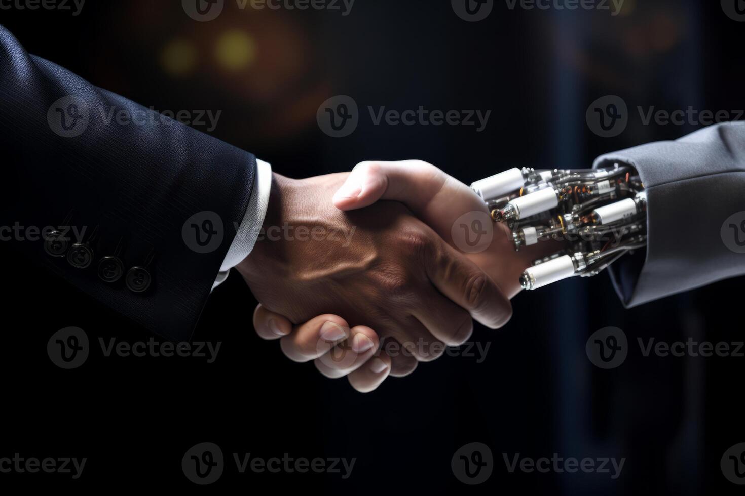 Businessman Shaking hand with a Robot. Innovation Futuristic Handshake between man and Robotic photo