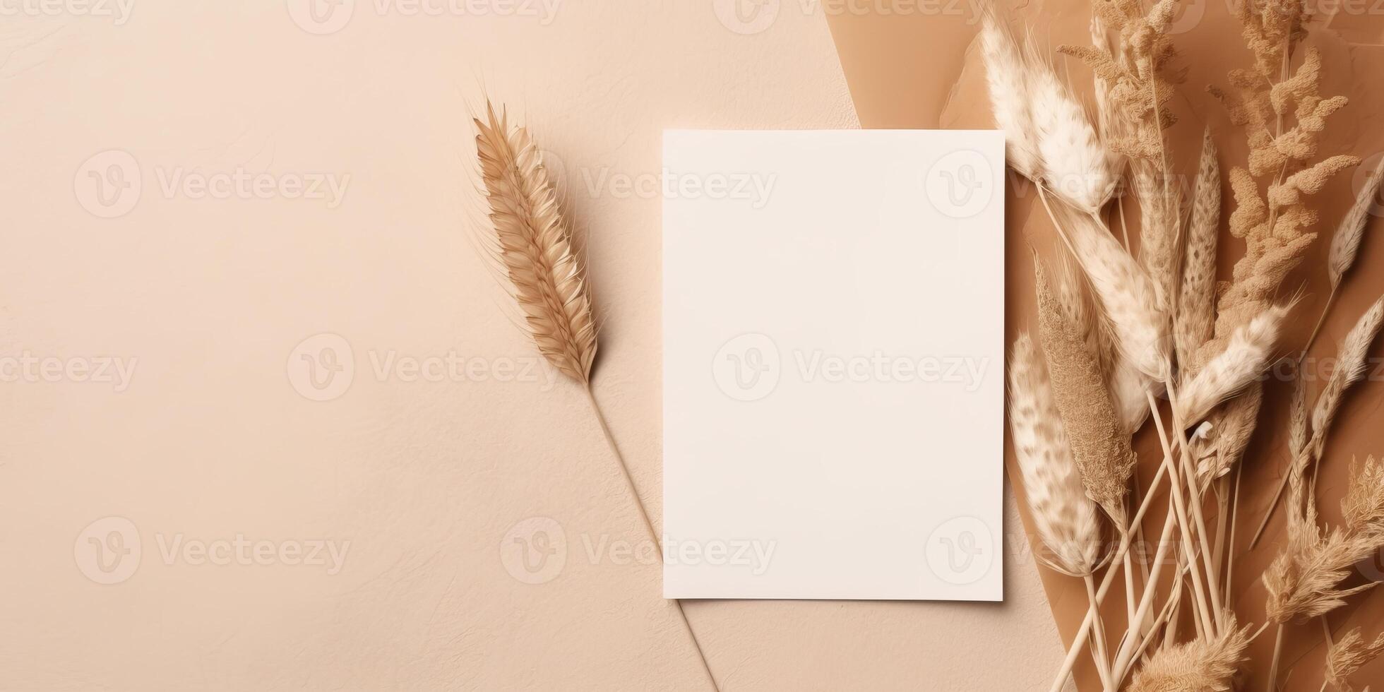 Mockup Paper Wedding Invitation Boho Minimal Style Greeting Card for Wedding Invitations and Birthday Stationery. Top View Flat Lay Copyspace. photo