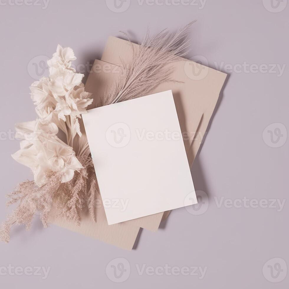Mockup Paper Wedding Invitation Boho Minimal Style Greeting Card for Wedding Invitations and Birthday Stationery. Top View Flat Lay Copyspace. photo