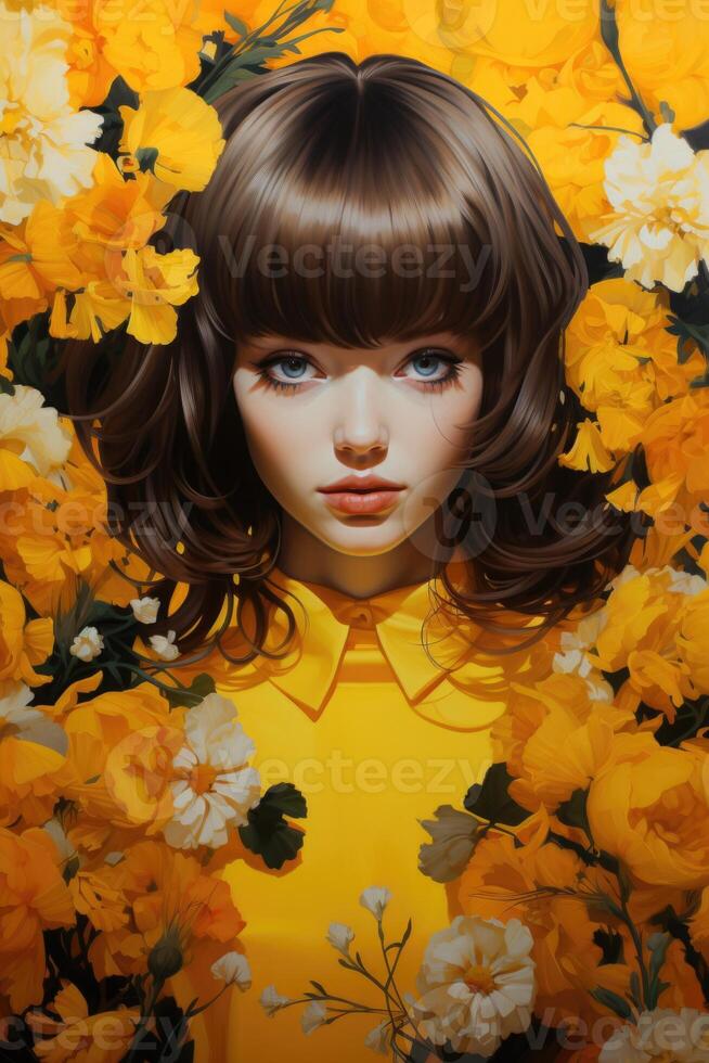 woman with long hair in the style of yellow created with Generative Al technology photo
