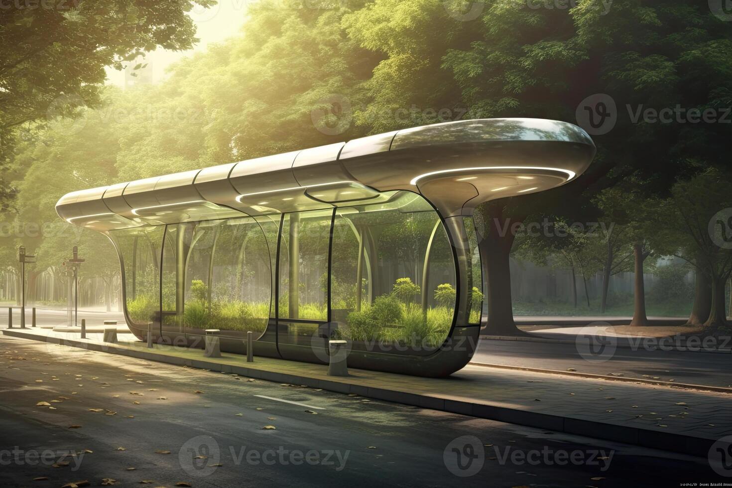 Innovative bus stop design with eco - friendly features created with Generative Al technology photo