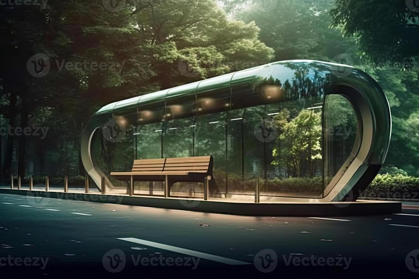 Innovative bus stop design with eco - friendly features created with Generative Al technology photo