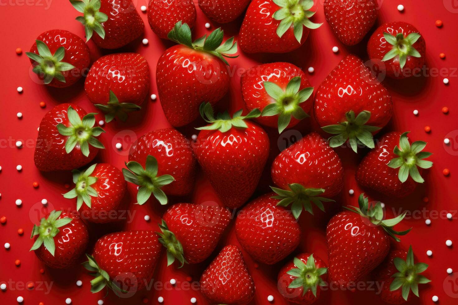 strawberries of different shapes on a red background created with Generative Al technology photo