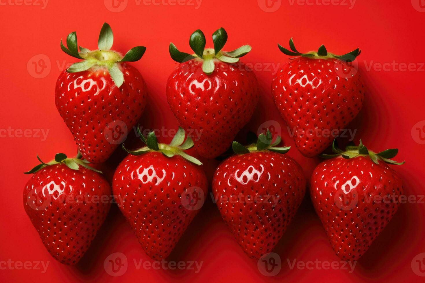 strawberries of different shapes on a red background created with Generative Al technology photo