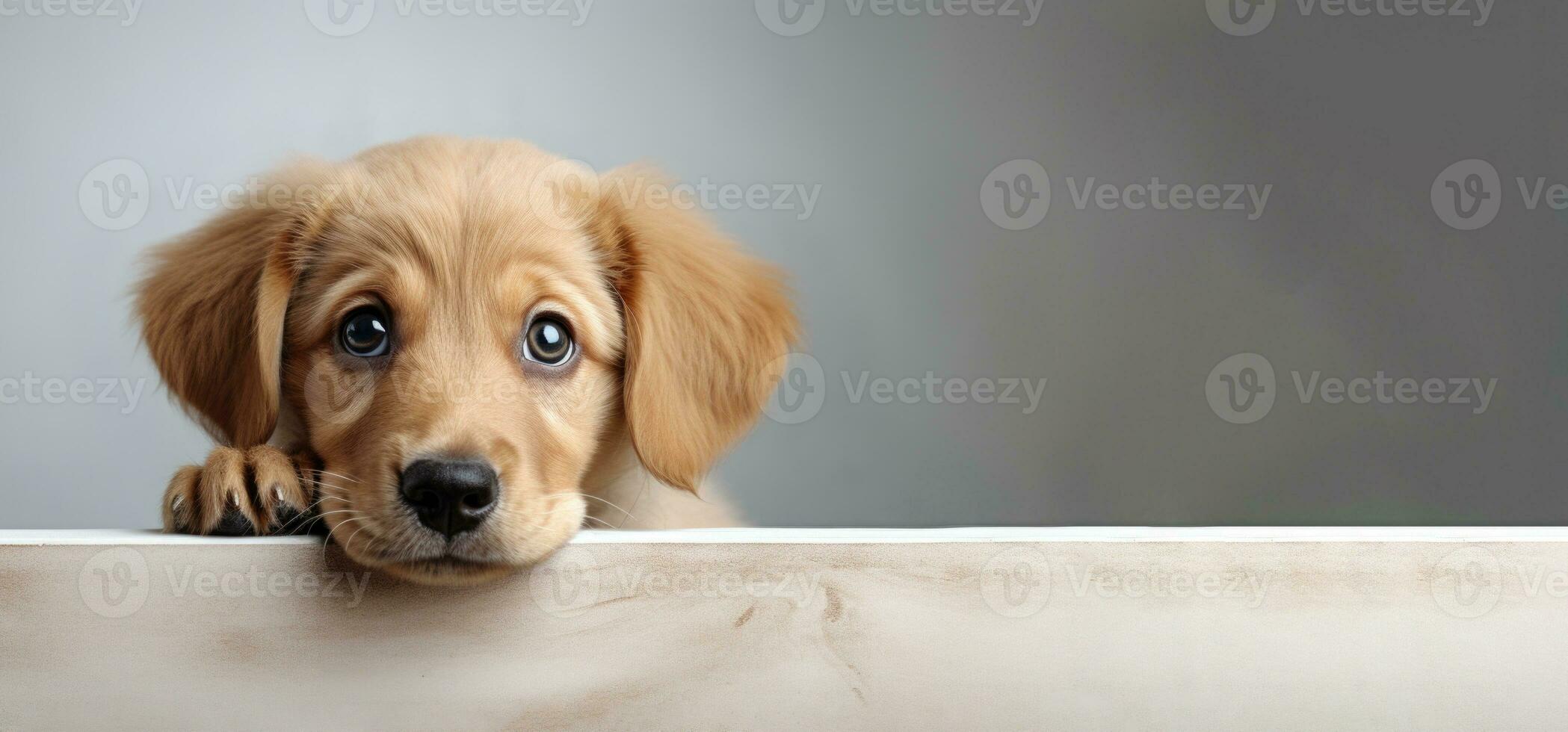 dog puppy on neutral background with copy space, banner created with Generative Al technology photo