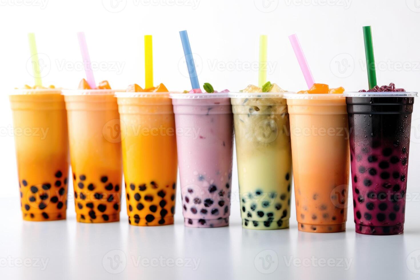 Plastic cups of different tasty bubble tea created with Generative Al technology photo
