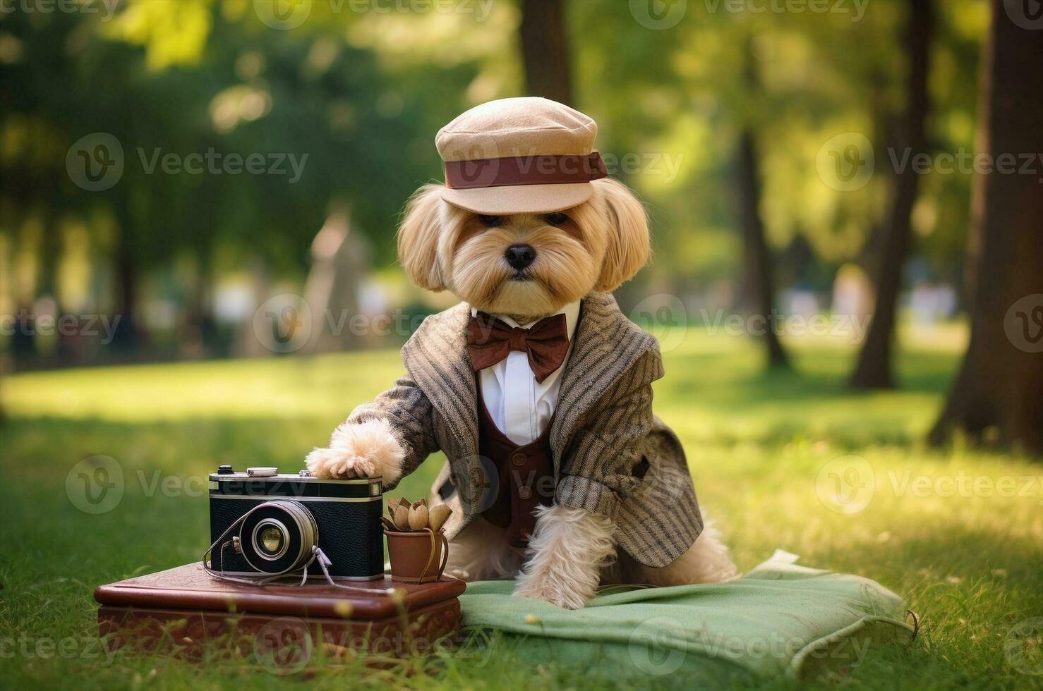 Dog photographer. International Day of the Photographer. Dog with a camera. Generative AI photo