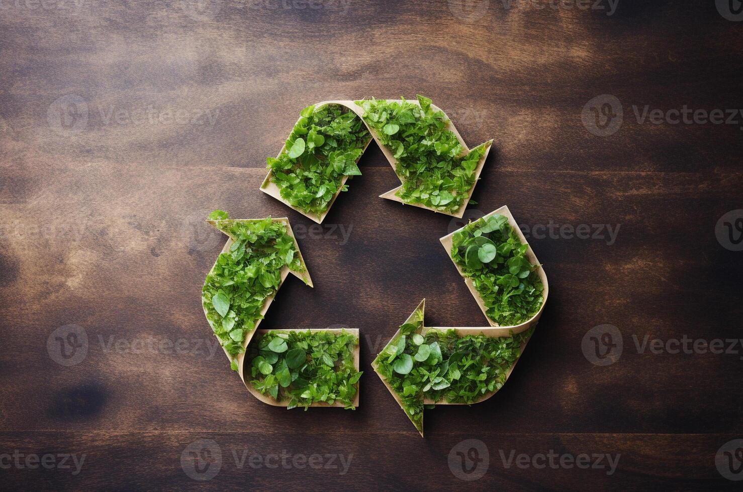 Eco concept with recycling symbol on table background from above. photo