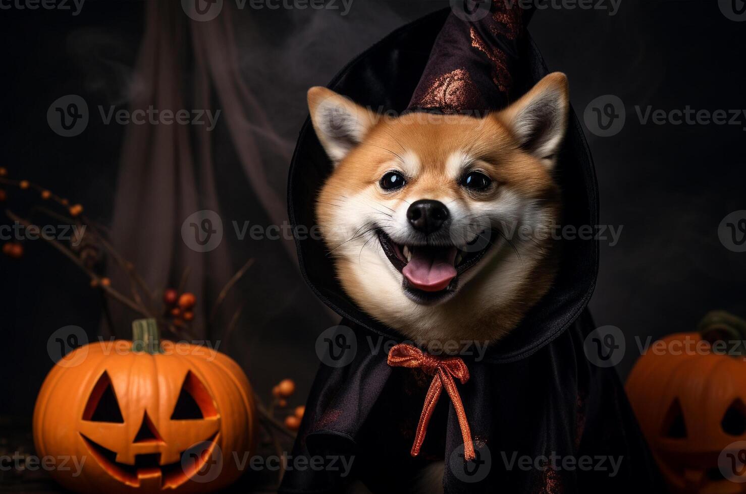 Shiba dog is a witch. Shiba in halloween costume. photo