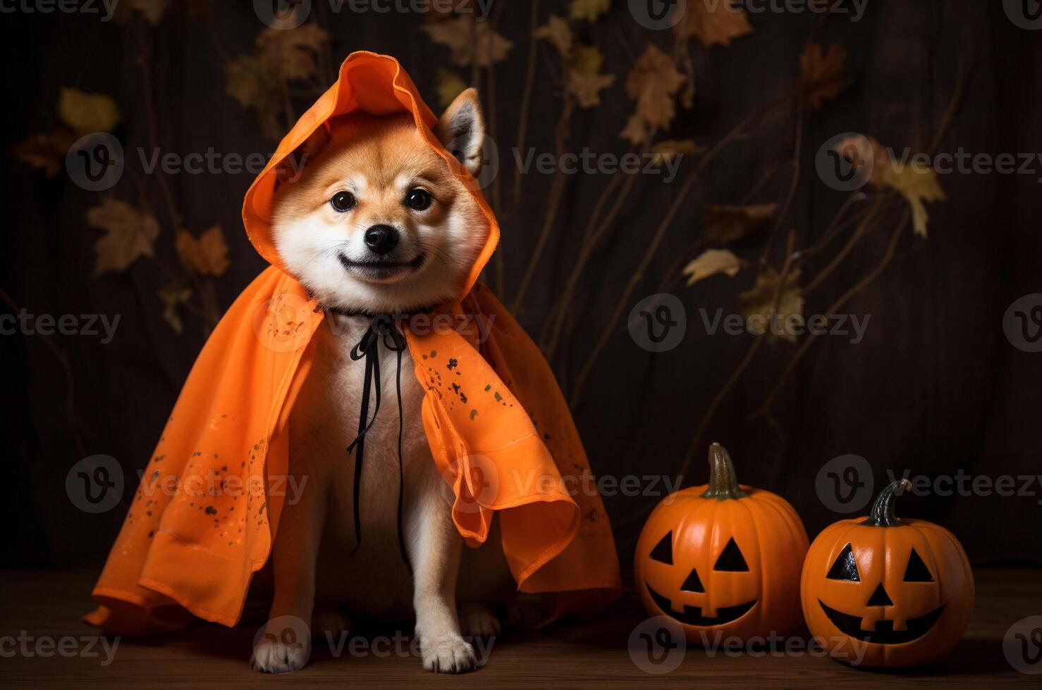 Pumpkins. Shiba dog is a witch. Shiba in halloween costume. Generative AI photo