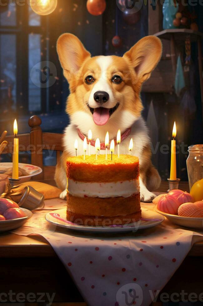 Corgi sits at a table with a cake and candles. dog birthday. Generative ai photo