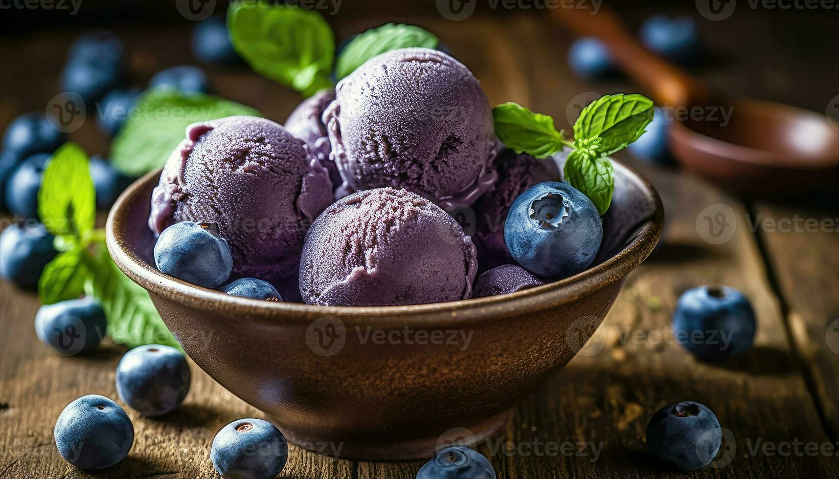 Tempting Blueberry Ice Cream on a Rustic Wooden Table - Generative AI photo