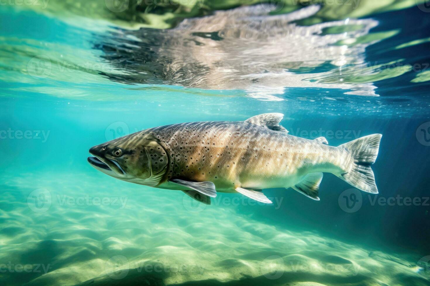 Majestic Norwegian Salmon in Clear Mountain River - Generative AI photo