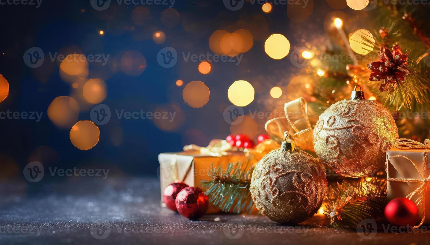 festivo Navidad decoraciones en bokeh antecedentes - generativo ai foto