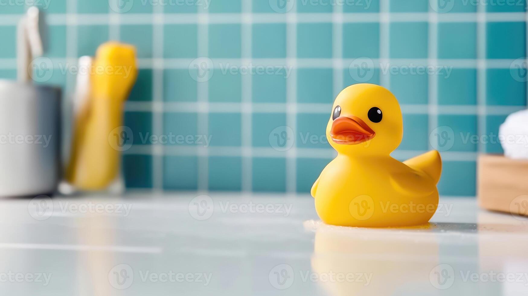 juguetón bañera compañero - pequeño amarillo Pato juguete ilumina tu baño - generativo ai foto