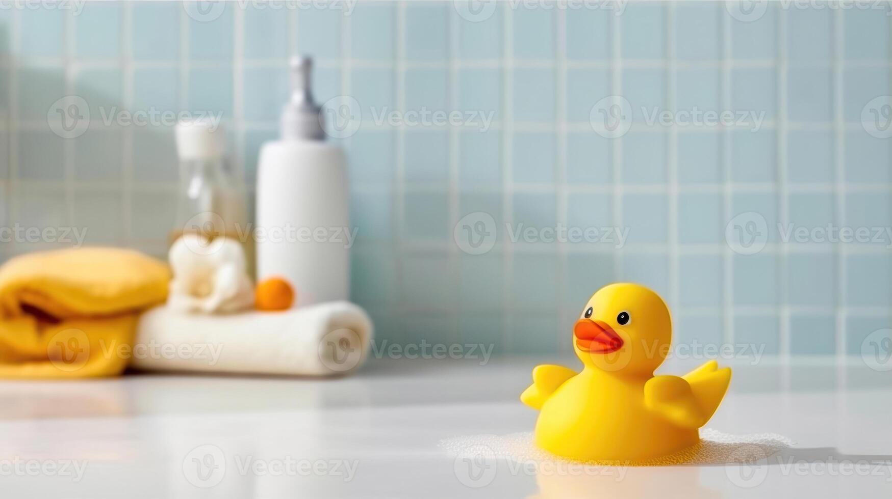 Quirky Bathroom Decor - Small Yellow Duck Toy as a Charming Accent - Generative AI photo