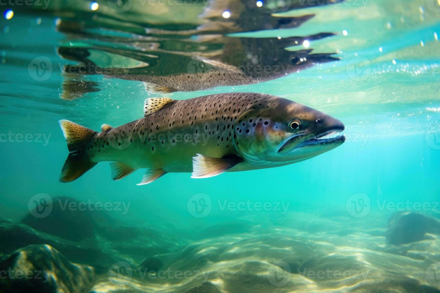 Norwegian Salmon in Transparent Mountain River - Generative AI photo