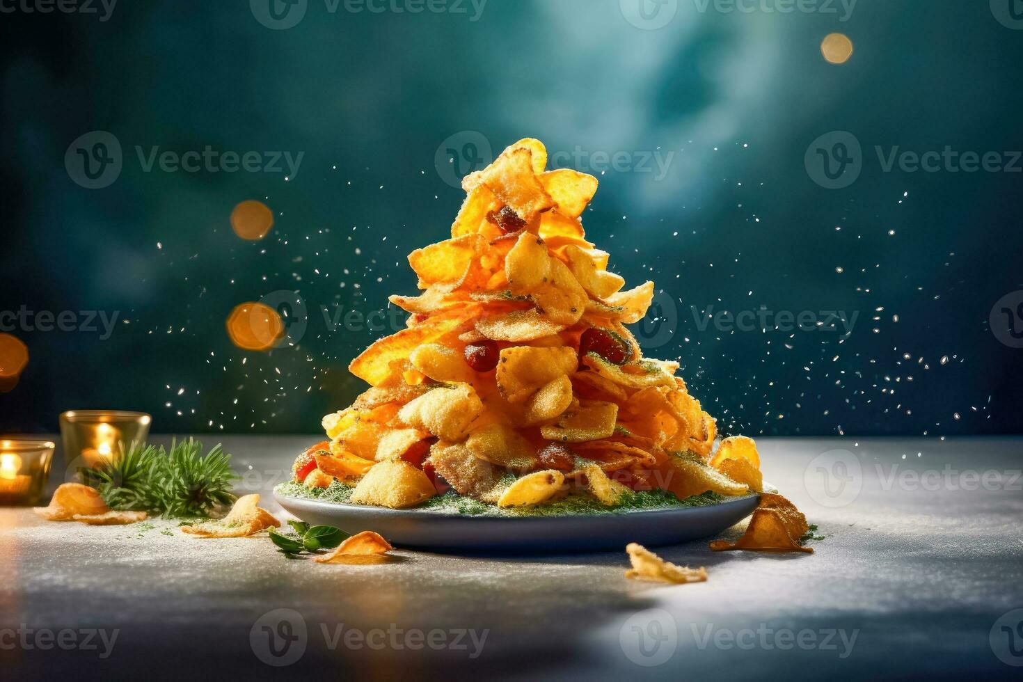 festivo Navidad árbol adornado con papas fritas - único fiesta decoración - generativo ai foto