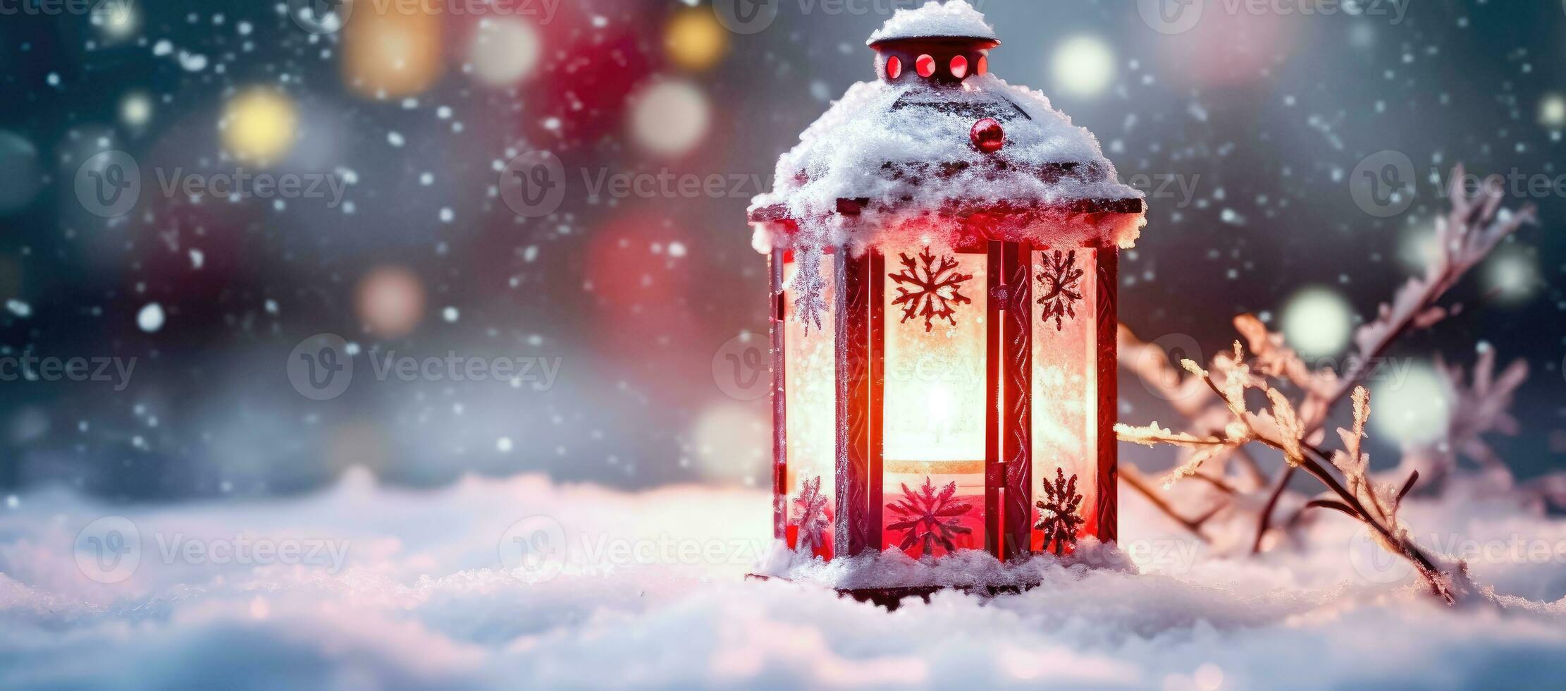 Christmas Lantern on Snowy Background - Holiday Ambiance - Generative AI photo