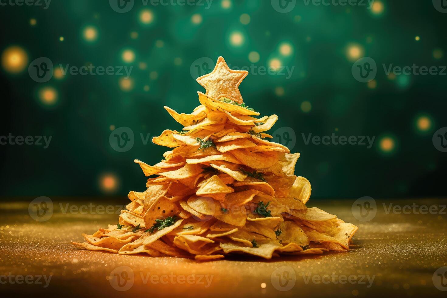 Chips-themed Christmas Tree on Bokeh Background - Quirky and Fun Holiday Display - photo