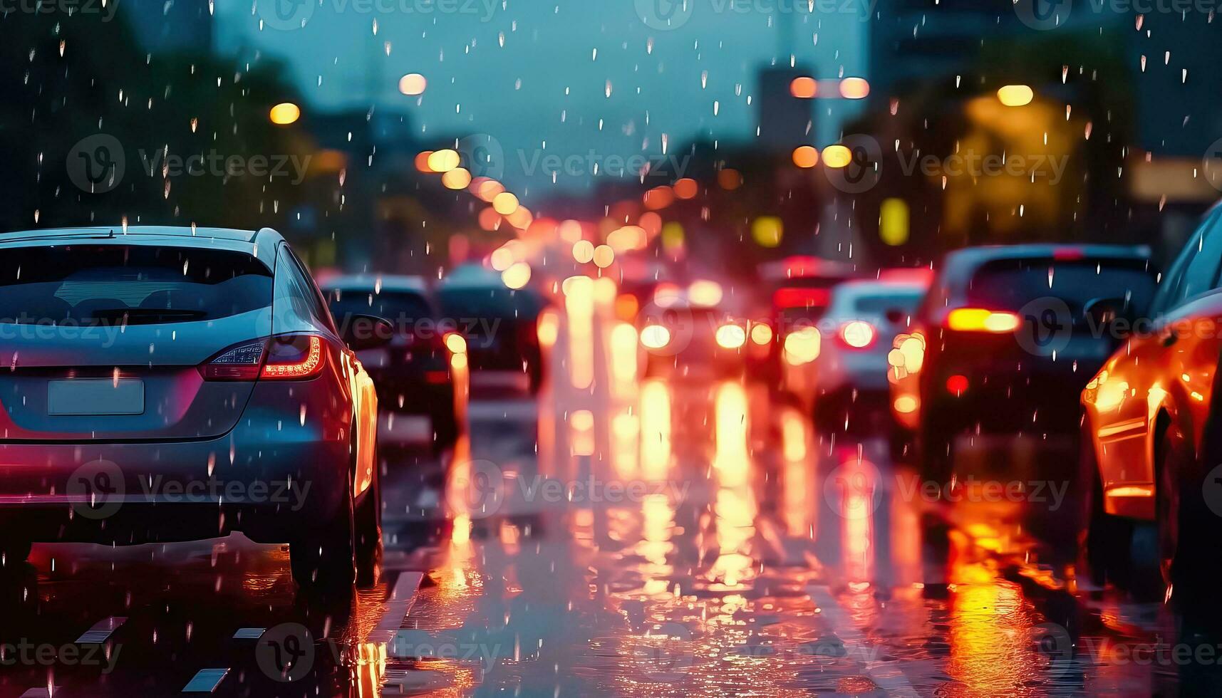 Rush Hour Rain - Vibrant Car Traffic in a Big City - Generative AI photo