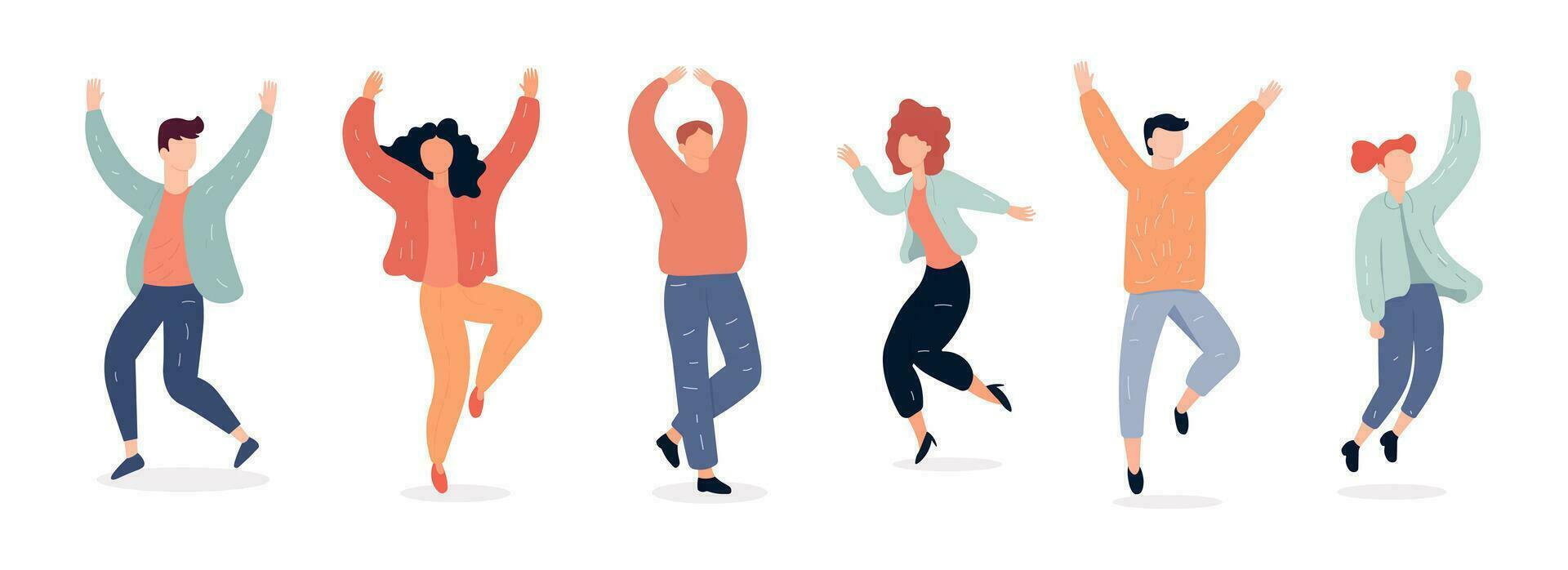 People happy jumping set. Young funny teens large group guy, girl, jumping together joy lifestyle celebration victory team smiling students celebrates success. Color cartoon vector. vector