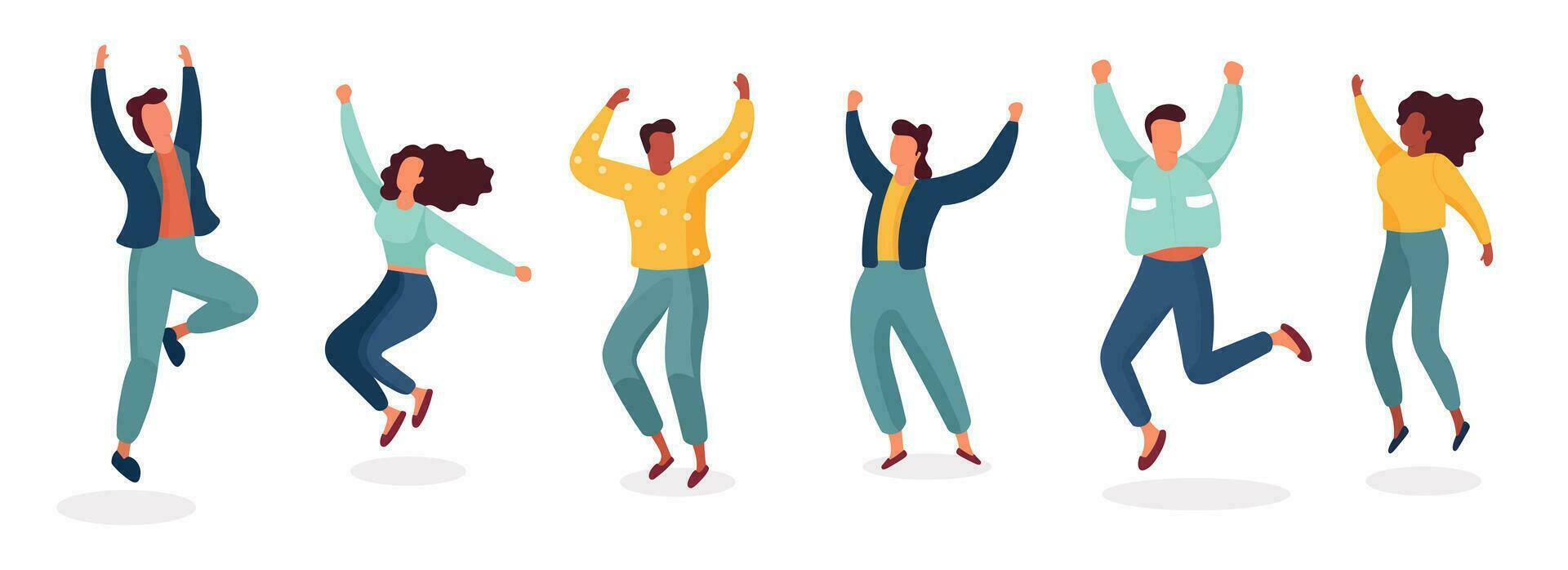 People happy jumping set. Young funny teens large group guy, girl, jumping together joy lifestyle celebration victory team smiling students celebrates success. Color cartoon vector. vector