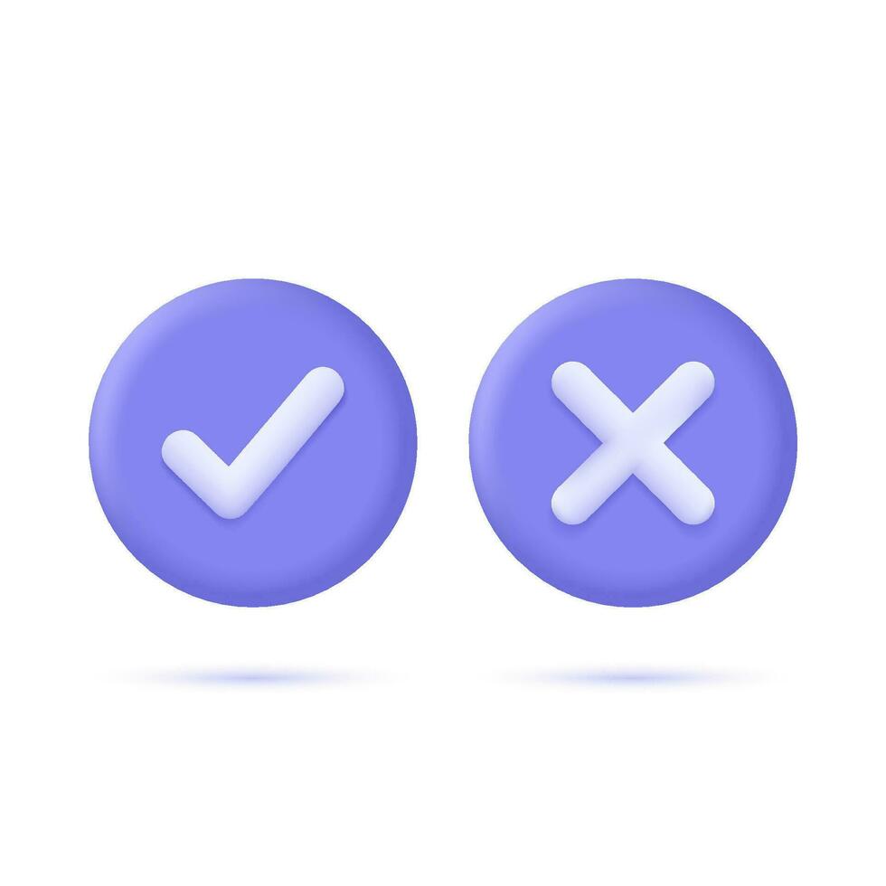 Check mark and cross icon element in circle simple ok yes no graphic design, right checkmark symbol accepted and rejected, 3D rendering. Vector illustration isolated on white background