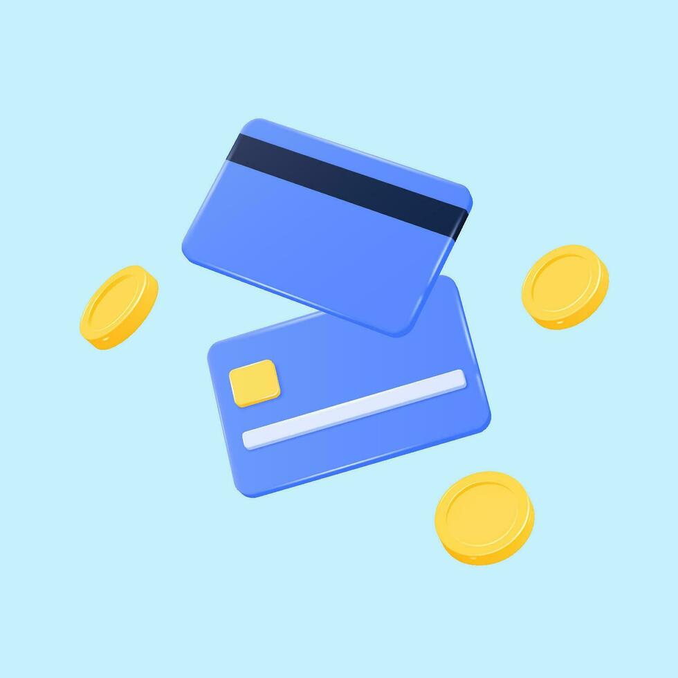 3d plastic credit cards and golden coins in flight. realistic vector illustration isolated on blue background.