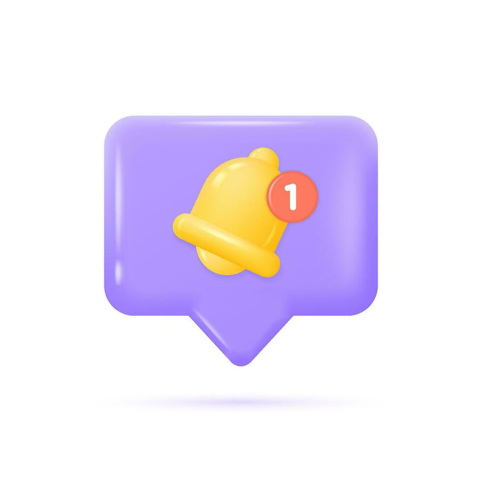 3d notification bell icon. rendering of yellow bell with new notification on speech bubble. vector illustration for social media isolated on white background.