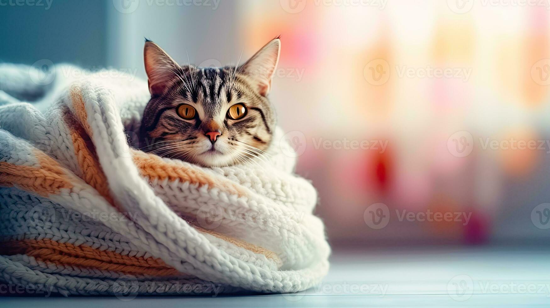 Cozy Cat Wrapped in a Knitted Scarf - Warmth and Comfort - Generative AI photo