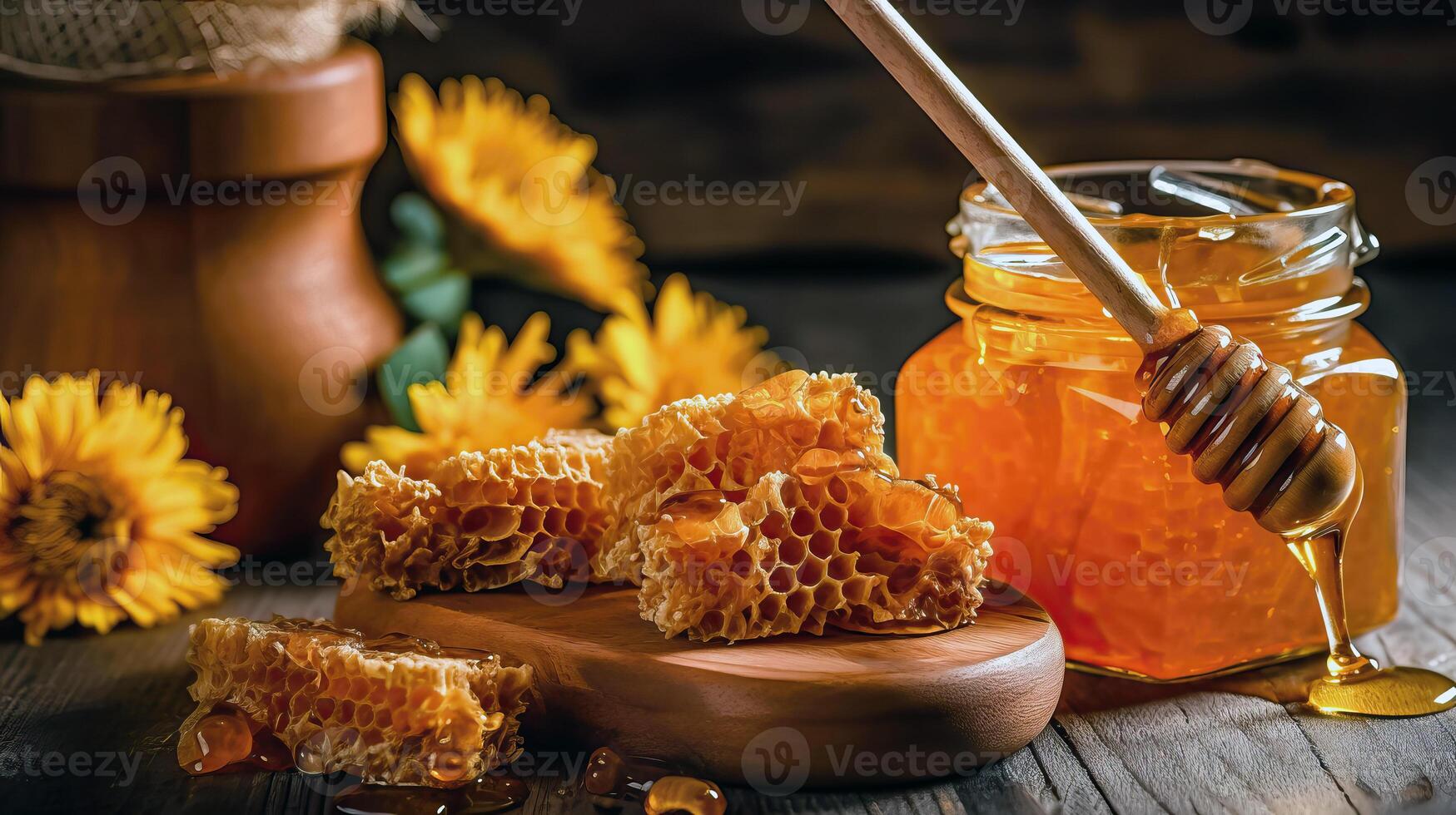 Flower and Honey Still Life with Rustic Utensils - photo
