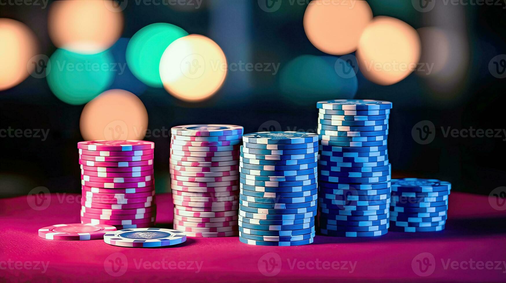 Colorful Casino Chip Stacks - High Stakes and Winning Moments - Generative AI photo