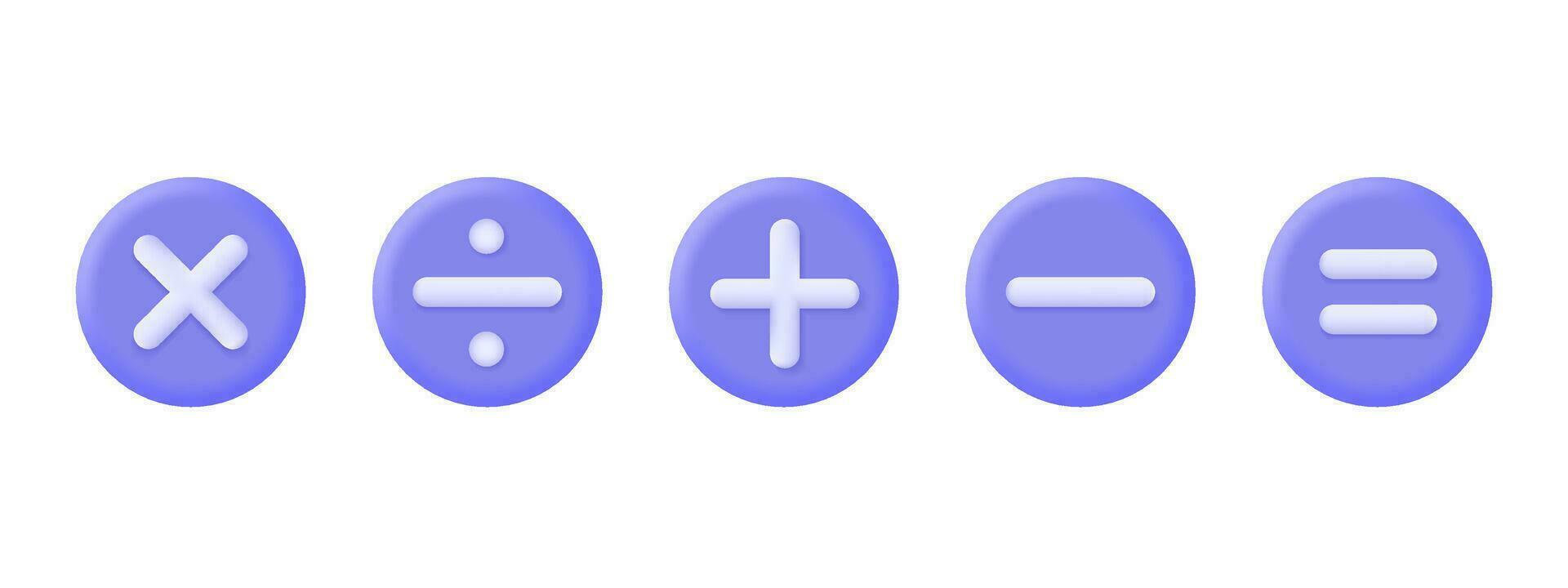 3d set of mathematical signs. plus, minus, divide, multiply, equal. round buttons for the calculator. vector illustration isolated on white background.